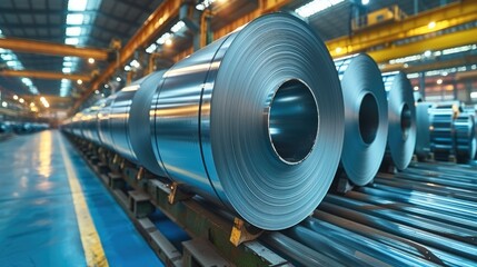Poster - Rolls of galvanized sheet steel in the factory. Large rolls of metal coils in the warehouse. Generative AI.