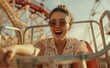 Young woman with a contagious smile enjoying a eoller coaster ride. Sunglasses and wind-swept hair add to the dynamic feel of the image, making it ideal for themes of leisure and youthful spirit.