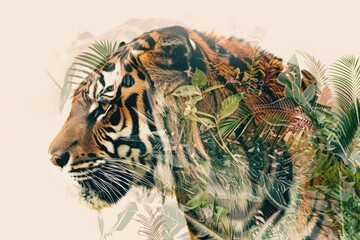 Wall Mural - A tiger overlaid with the intricate patterns of tropical foliage in a double exposure