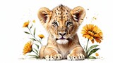 Fototapeta Dziecięca - Lion cub with flower, Baby Animal, nursery art style, baby shower greeting card