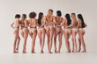 © deagreez - Back rear spine no filter photo of group girls feminists stand together feel esteem power imperfect slim body isolated pastel color background