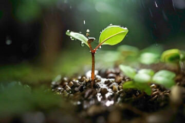 Wall Mural - little tiny plants with little drop of water on the tiny leaves with mud and lush green color with mud in background  of the leaves abstract background 