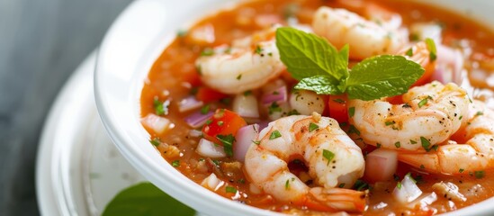 Sticker - Savory Shrimp Soup in a Bowl with Fresh Herbs and Spices, Gastronomic Delight Concept