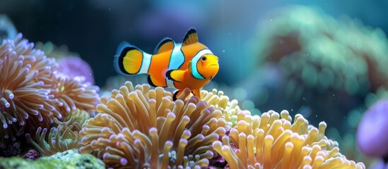 Poster - Vibrant clown fish swimming gracefully among colorful sea anemone tentacles in ocean reef