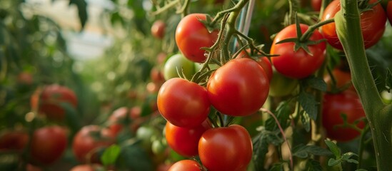 Sticker - Ripe red tomatoes hanging from tree branches in a vibrant organic garden