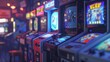 Bright and colorful screens of vintage arcade machines in a dim arcade room, invoke the exciting gaming culture of the past