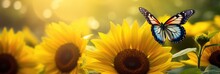 Monarch Butterfly, Danaus Plexippus, On Bright Yellow Sunflowers On A Sunny Summer Morning