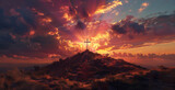 Fototapeta Most - Sacred Crucifix Silhouette Against a Dramatic Sunset Sky Signifying Redemption and Faith