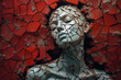 Woman with fractures, crumbling like a white sculpture. Red background.