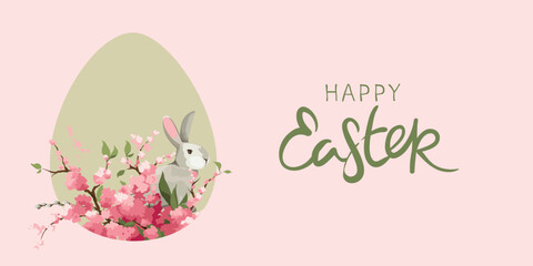 Wall Mural - Greeting card or banner for Easter holidays. Rabbit, Cherry blossom and egg. Vector background on the theme of flowering and spring.	