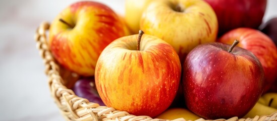 Wall Mural - Harvested apples and grapes in a rustic basket on a wooden table in a farmhouse