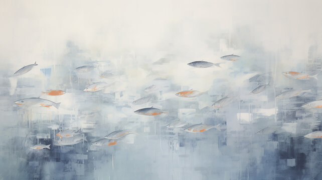 flock of fish, artistic underwater seascape, paint art canvas, surface light copy space abstract background blue, and white