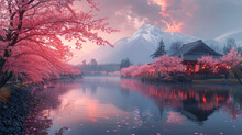 Tranquil River To Japanese Dojo, Cherry Blossoms, Colorful Trees.generative Ai