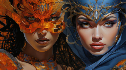 Poster - Colorful Mardi gras carnival masks. Traditional Venice festival. Harmony in Diversity: A Visual Ode to Interconnected Cultures Graffiti surreal beautiful woman. portrait of a two young beautiful women