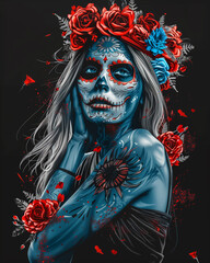 Wall Mural - T-shirt applique design. Portrait of a girl wearing makeup in honor of the Day of the Dead.