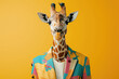 © boxstock production - Giraffe in a suit with a mosaic of bright geometric shapes combined with a plain ivory t-shirt on a yellow studio background