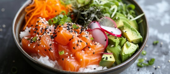 Wall Mural - Healthy meal concept with delicious salmon and fresh vegetables in a bowl
