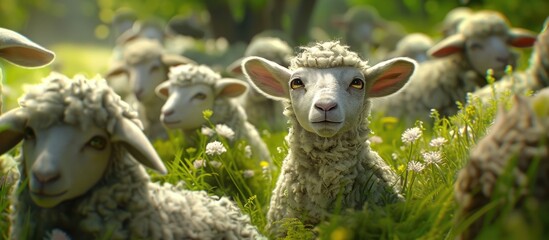 Canvas Print - A group of sheep, including adorable white lambs, standing and grazing on a vibrant, green pasture.