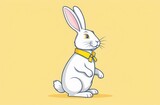 Fototapeta Miasta - White fluffy Easter bunny with yellow collar sitting on pastel yellow background. Spring Easter illustration.