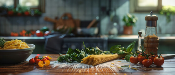 Wall Mural - Inviting kitchen scene with fresh pasta, tomatoes, and herbs, ready for a home-cooked meal.