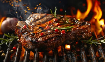 Wall Mural - Grilled steak on barbecue grill. Closeup view. Outside BBQ party.