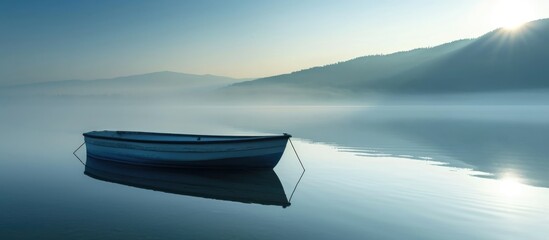 Wall Mural - Calm morning boat on water.