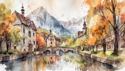 Wall Mural - hand drawn watercolor painting of a medieval european village by the river. Houses, bridge, church and mountain around the village with autumn colors