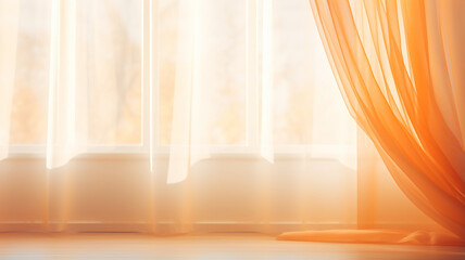 Wall Mural - panoramic window with transparent orange curtains, background copy space