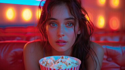 Wall Mural - Portrait of young and pretty woman enjoying and eating popcorn at the cinema,generative ai
