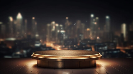 Wall Mural - podium for a new product against the background of blurred lights of the night city