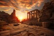 © Surachetsh - panorama of an ancient Greek rock temple, where twilight casts its enchanting glow upon the Doric column ruins, evoking a sense of timeless majesty.