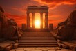 © Surachetsh - panorama of an ancient Greek rock temple, where twilight casts its enchanting glow upon the Doric column ruins, evoking a sense of timeless majesty.