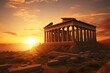 © Surachetsh - panorama of an ancient Greek rock temple, where twilight casts its enchanting glow upon the Doric column ruins, evoking a sense of timeless majesty.