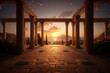 © Surachetsh - panorama of an ancient Greek rock temple, where twilight casts its enchanting glow upon the Doric column ruins, evoking a sense of timeless majesty.