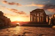© Surachetsh - panorama of an ancient Greek rock temple, where twilight casts its enchanting glow upon the Doric column ruins, evoking a sense of timeless majesty.