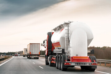 Gas and fuel transportation truck on highway. It ships oil and lpg.