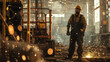 A determined worker in a helmet amidst sparks in an industrial setting.