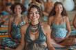 © john - Group of expecting moms in a prenatal yoga class, smiling and practicing wellness