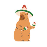 Fototapeta Panele - Cute capybara playing maracas. Funny Mexican capibara animal with music instrument. Happy capy in Mexico hat, holding rhythm rattles, shakers. Flat vector illustration isolated on white background
