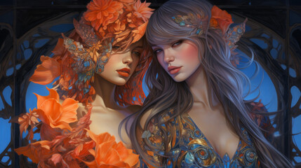 Two beautiful sensual erotic woman. Wallpaper background depicting fantasy art. vibrant hues of autumn leaves in her hair, capturing the essence of seasonal grace and natural beauty