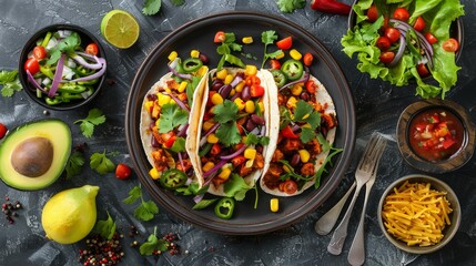 Wall Mural - Colorful Mexican Tacos with Ground Beef, Vegetables, Beans, Cheese, Avocado on Dark Textured Table, Top View