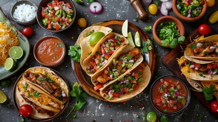 Wall Mural - Gourmet Mexican Tacos with Fresh Ingredients and Salsas on a Festive Table Setting