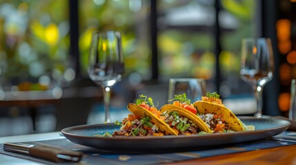 Wall Mural - Gourmet Tacos on Elegant Blue Plate with Wine Glasses on a Restaurant Table with Ambience