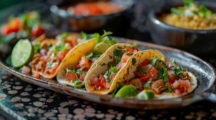 Wall Mural - Fresh Homemade Tacos with Beef, Tomatoes, and Lime on a Decorative Plate, Traditional Mexican Cuisine Concept