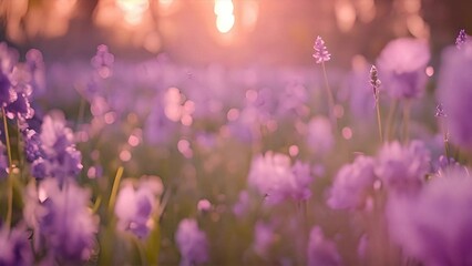 Wall Mural - A field filled with purple flowers set against a backdrop of trees. The colorful flowers sway gently in the breeze, creating a vibrant and beautiful scene