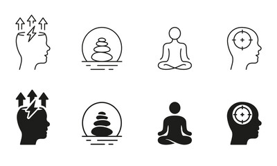 Wall Mural - Mental Health Silhouette and Line Icons Set. Meditate, Calm, Relax Pictogram. Positive Energy Black Symbol Collection. Wellness Sign. Isolated Vector Illustration