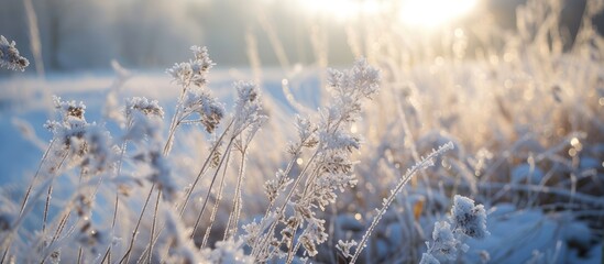 Poster - Tranquil winter scene of a beautiful snow-covered field of grass under clear skies