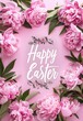 © Artlana - Happy Easter - modern calligraphy lettering on pink background with peony flowers. Holiday background.