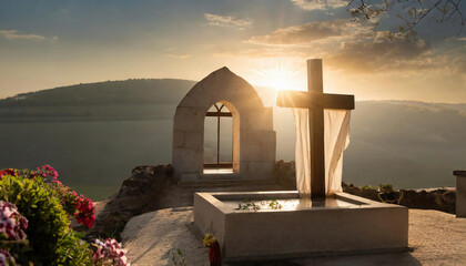 Crosses in the cemetery on the background of the mountain at sunset  in Jerusalem, Israel