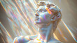 Portrait of a ancient marble statue with a male face like David looking up. Iridescent reflection and soft light. Modern concept for art museum, advertising, exhibitions, art gallery.